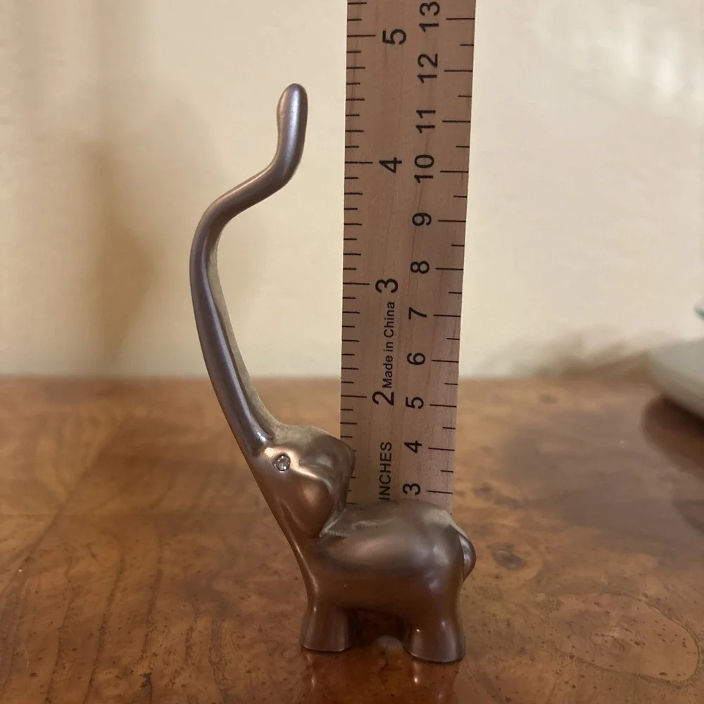 Vintage Ring Holder Elephant Long Trunk Gold Tone w/ Rhinestone Eyes